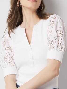 White House Black Market WHBM Eyelet Puff Sleeve Henley Top L - NWT